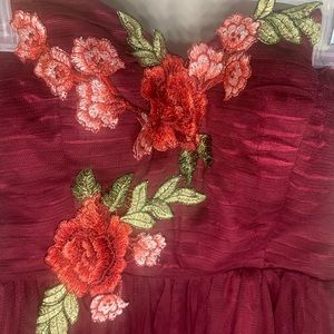 Windsor strapless maroon ruffle dress with flowers